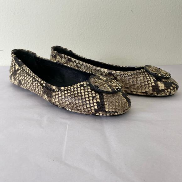 Tory Burch Minnie Flats Size 8 Roccia Snake Emboss Leather Logo Travel Ballet - Picture 6 of 14